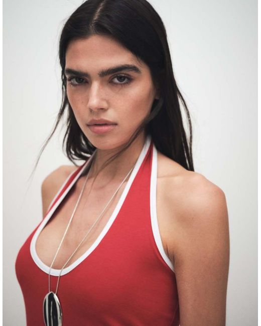 ASOS Red Halter Midi Dress With White Contrast Trim