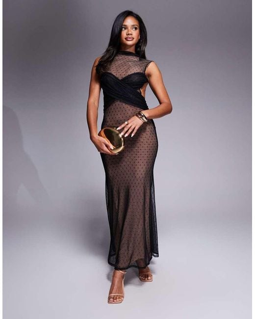 ASOS Hoogsluitende Maxi Jurk Van Mesh Met Gedrapeerde, Gekruiste Voorkant in het Brown