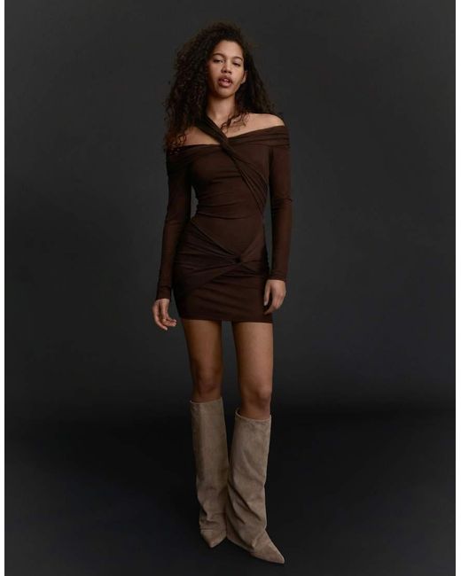 Bershka Black Tulle Long Sleeve Mini Dress With Knots