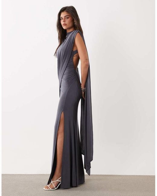 ASOS Gray One Shoulder Slinky Maxi Dress With Sweeping Sash Detail