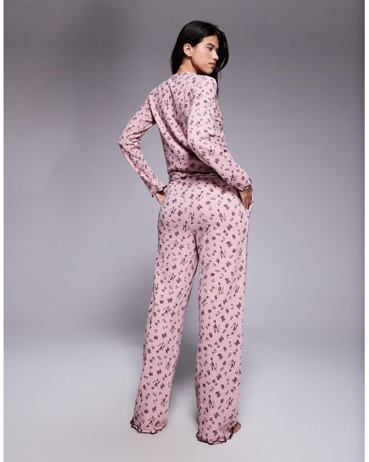 Threadbare Pink Long Sleeve Button Down Ski Print Pyjamas
