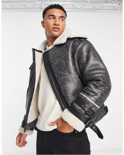 River Island Crackle Faux Shearling Aviator Jacket in Grey for Men