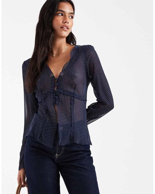 ASOS Chiffon Blouse Met Lange Mouwen En Geknoopte Voorkant in het Blue