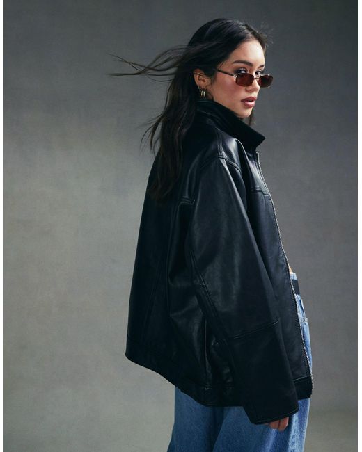 ASOS Black Top Collar Premium Leather Jacket