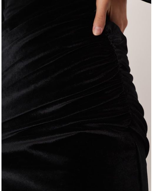 ASOS Black Velvet Off Shoulder Ruched Skirt Mini Dress With Long Sleeve