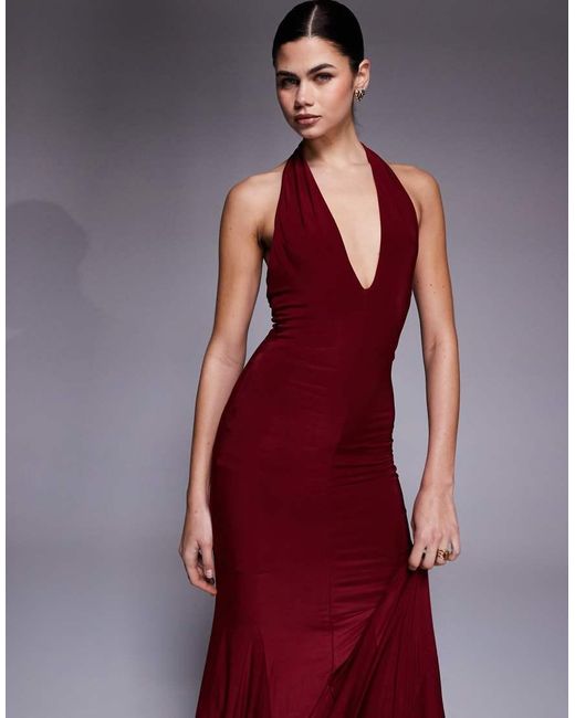 Fashionkilla Red Exclusive Double Sculpted Slinky Plunge Halterneck Godet Hem Maxi Dress