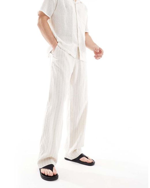 Bershka White Linen Rich Striped Trouser for men