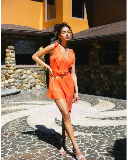 Aray Orange Ruffle Mini Beach Dress