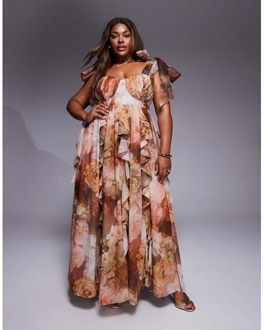 ASOS Multicolor Curve Halter Maxi Dress With Waterfall Ruffles