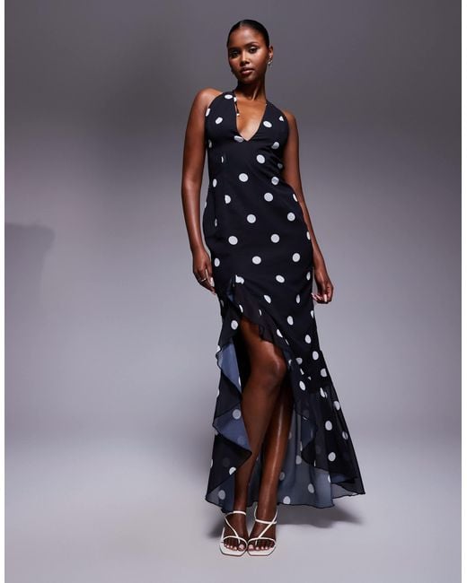 Murci Blue Exclusive Halterneck Deep Plunge Ruffle High Low Hem Maxi Dress