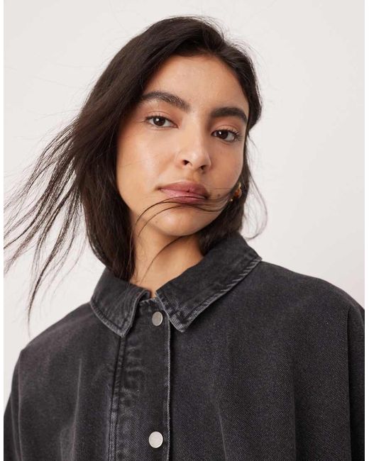 ASOS Natural Denim Bomber Jacket With Tab Sleeve Detail