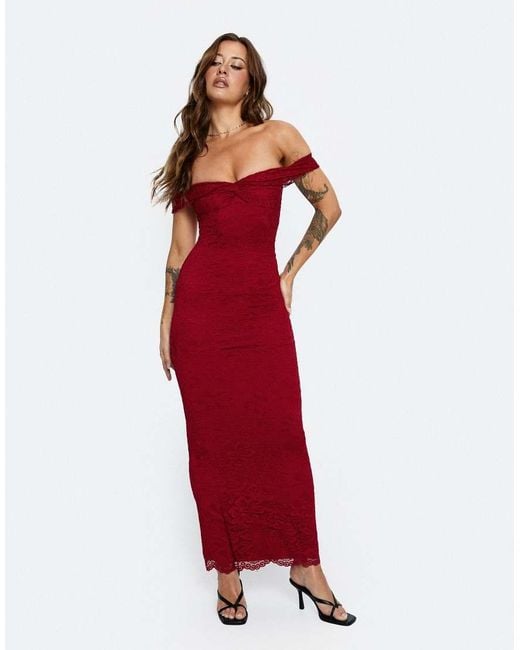 Princess Polly Red Anabeila Lace Bardot Twist Front Detail Maxi Dress
