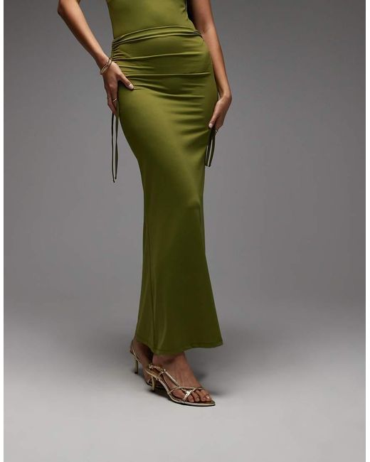 ASOS Green Co-ord Slinky Polyamide Ruched Tie Waist Maxi Skirt