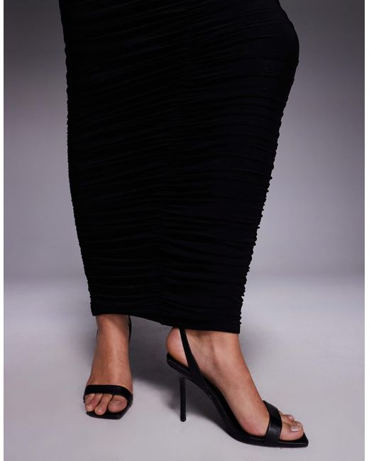 Kaiia Blue Exclusive Double Layered Slinky Lace High Neck Ruched Maxi Dress