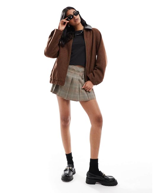 ASOS Brown Wool Blend Heritage Leather Look Collar Bomber Jacket