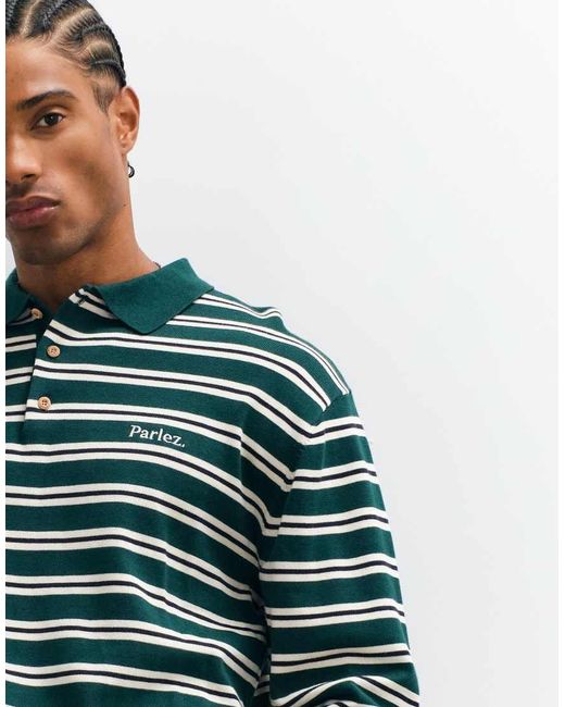 Parlez Green Stripe Long Sleeve Knitted Polo Shirt for men
