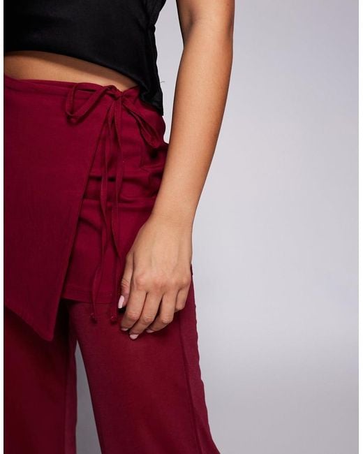 ASOS Red Mixed Fabric Mesh Trouser With Tie Side Skirt Overlay