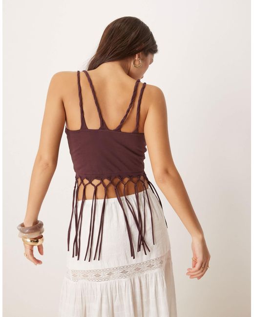 ASOS Purple Twist Strap Ruched Front Fringed Cami Top