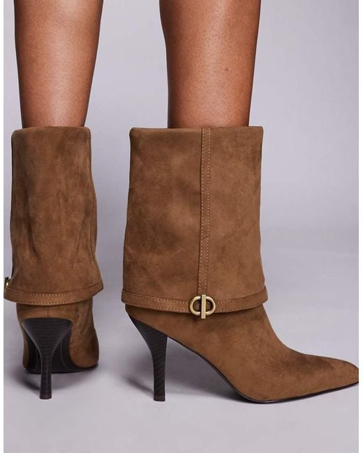 ASOS Brown Ella Heeled Fold Over Ankle Boots With Buckle Detail