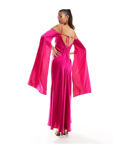 ASOS Pink Satin Cold Shoulder Maxi Dress With exaggerated Sleeve