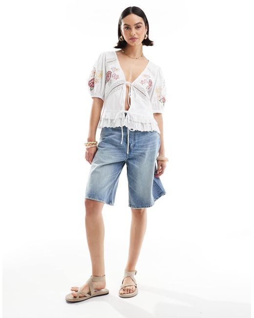ASOS White Tie Front Top With Floral Embroidery