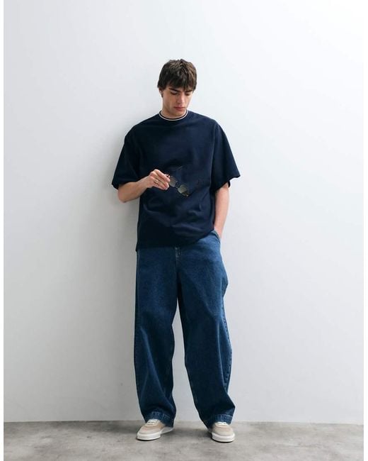 ASOS COLLECTIVE Blue Heavyweight Relaxed Pique T-shirt With Tipping for men