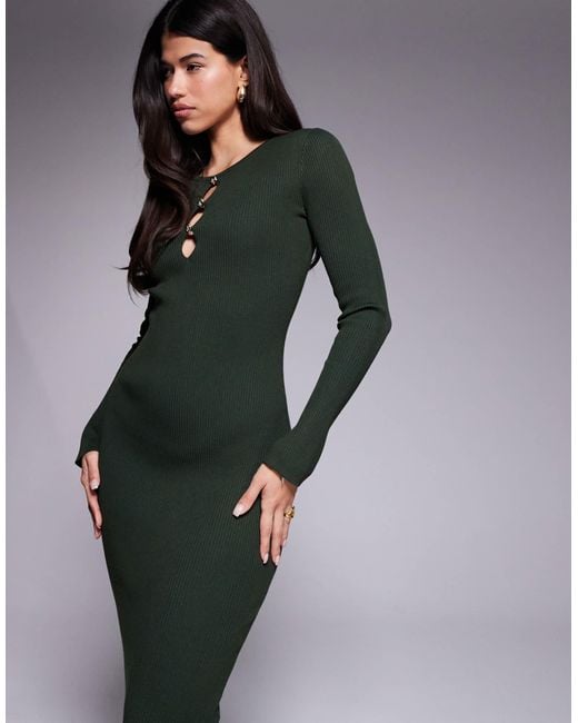 Kaiia Green Exclusive Cut Out Detail Long Sleeve Knitted Maxi Dress