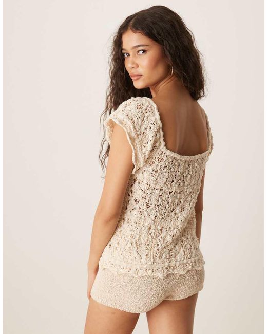 ASOS Natural Pretty Stitch Flutter Sleeve Knitted Top