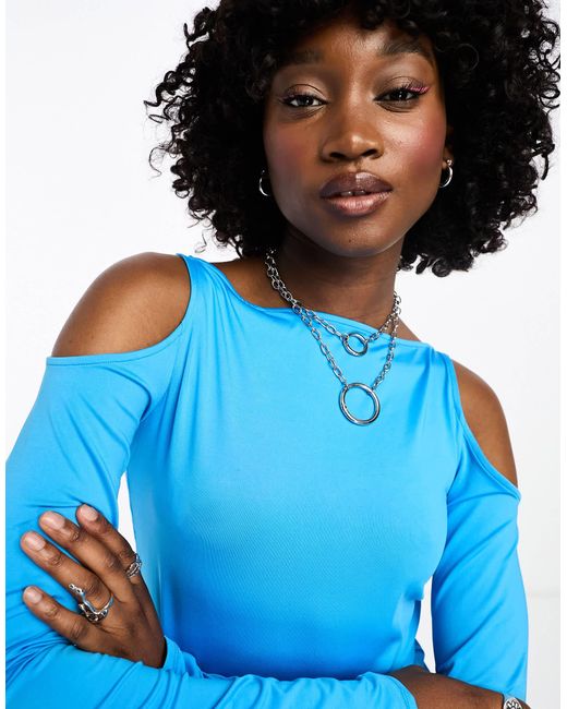 Weekday Blue Remi Cut Out Shoulder Long Sleeve Top