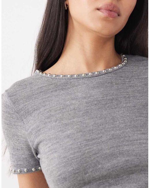 Mango Gray Studis Knitted Short Sleeve Top With Studs Co-Ord