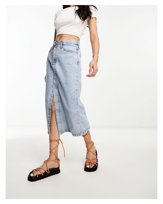 Mango Denim Skirt With Front Split in Blue Lyst