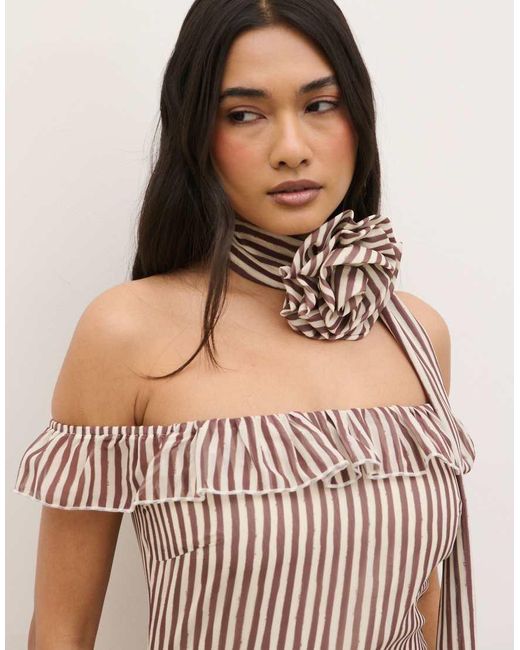 Pretty Lavish Brown Off The Shoulder Ruffle Maxi Dress With Corsage Scarf