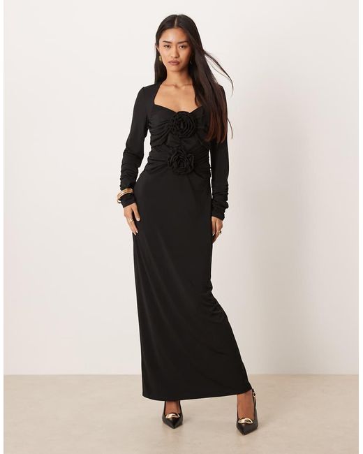 Y.A.S Black Long Ruched Sleeve Slinky Maxi Dress With Rosette Bodice