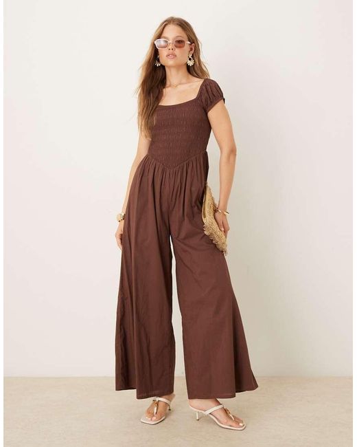 Nobody's Child Brown Shirred Wide Leg Jumpsuit