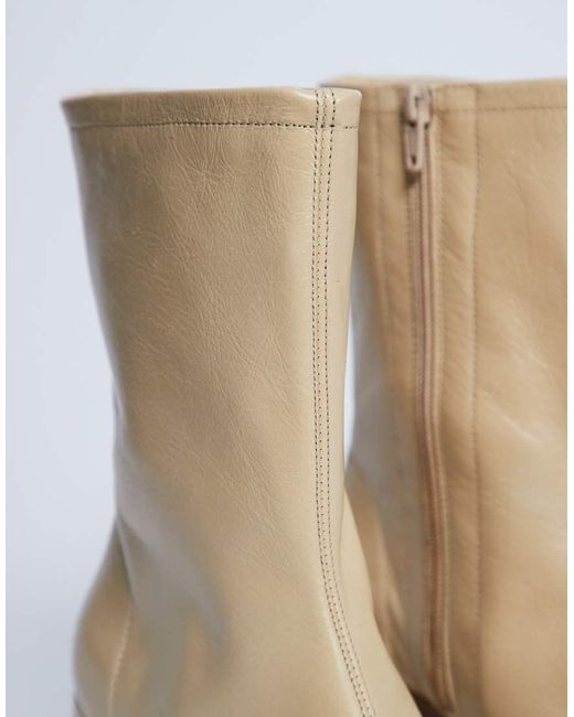 TOPSHOP Natural Sara Premium Leather Square Toe Flared Heel Boots