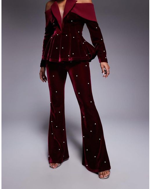 ASOS Blue Velvet Co-ord Trouser With Pearl Embellishment
