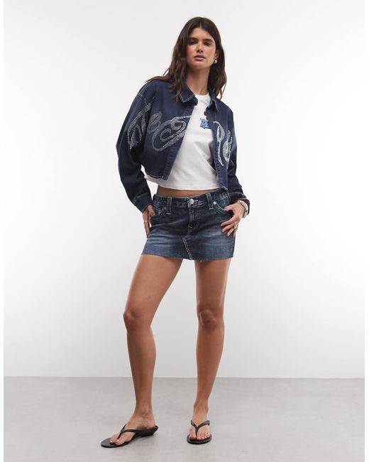 True Religion Blue Embellished Crystal Script Logo Cropped Denim Shirt