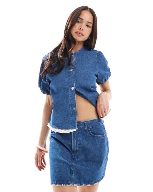 ASOS Korte Denim Mini Rok Met Zoom Met Festonsteek in het Blue