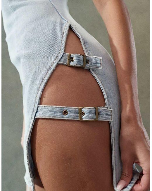 Lioness Blue Denim Sleeveless Thigh Buckle Detail Mini Dress