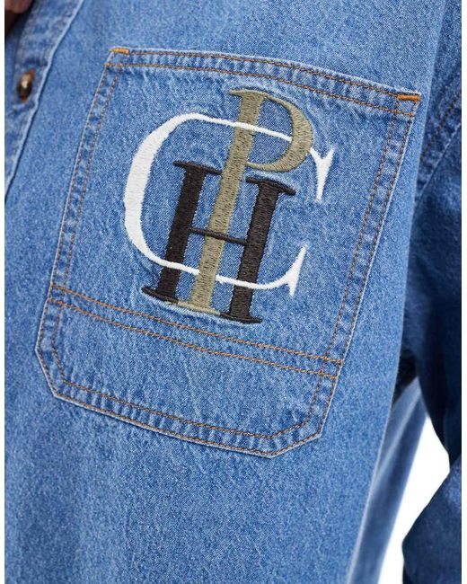 ASOS Oversized Recht Denim Overhemd Met Borduursel Op De Borst in het Blue voor heren