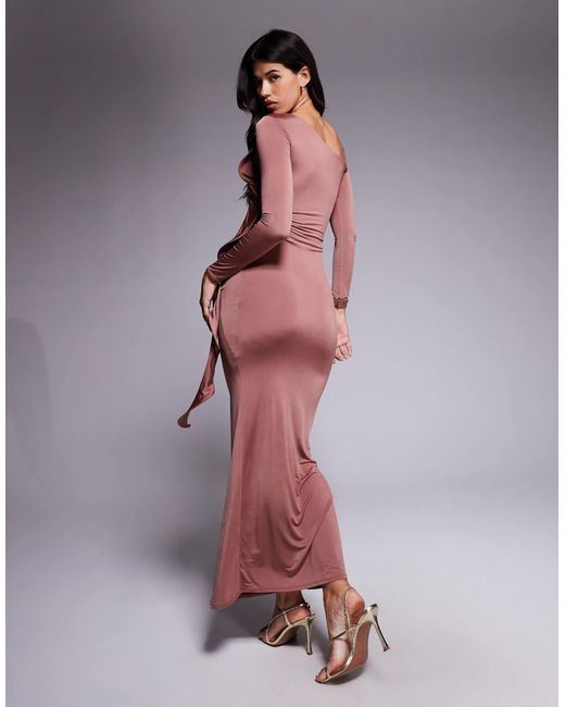 Robe mi-longue à volant structuré et manches longues avec découpe - châtaigne ASOS en coloris Brown