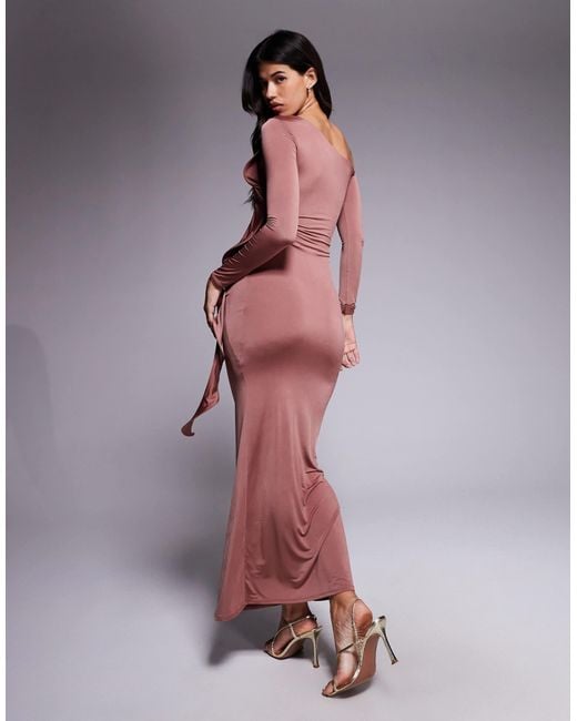 ASOS Brown Long Sleeve Structured Ruffle Midi Dress With Cut Out Detail