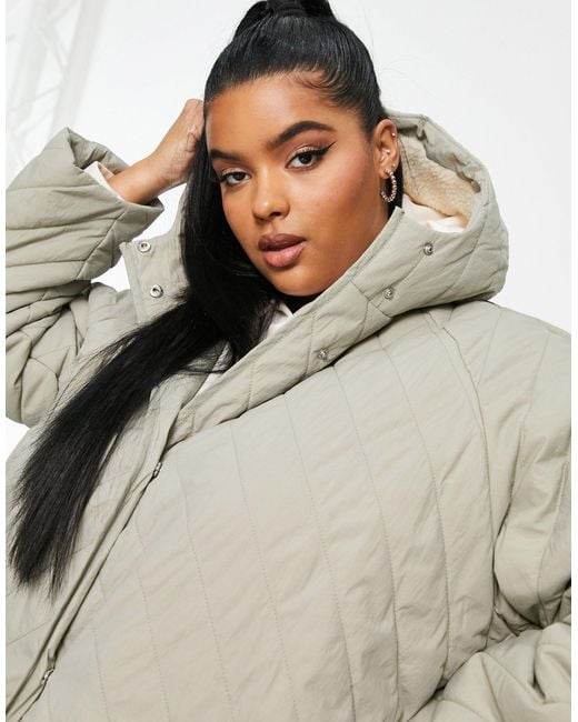 ASOS Asos Design Curve Longline Chevron Quilted Jacket With Teddy Borg  Lining in White | Lyst