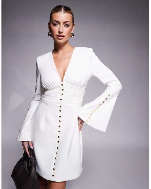 Lavish Alice Purple Fluted Sleeve Rose Button Mini Dress