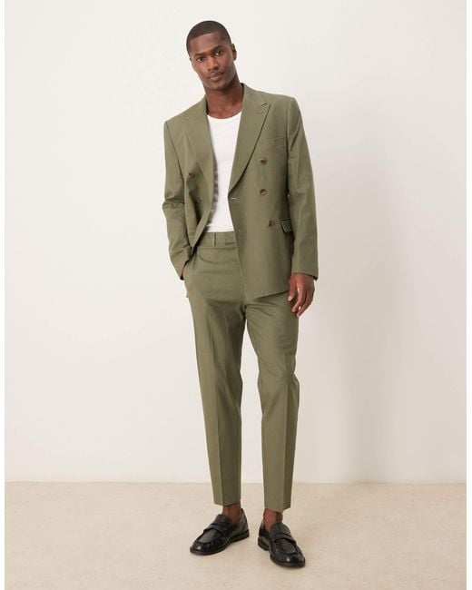 ASOS Green Linen Blend Tapered Suit Trousers for men