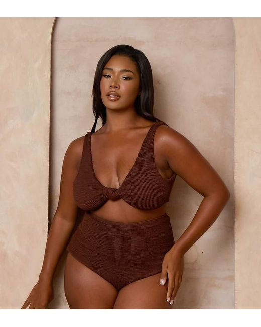 Moda Minx Curve Brown X Alessa Tyrrell-charles Scrunch Bralet Bikini Top With Knot Detail