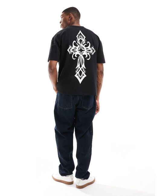 Liquor N Poker Black Oversized T-shirt With Cross Back Print for men