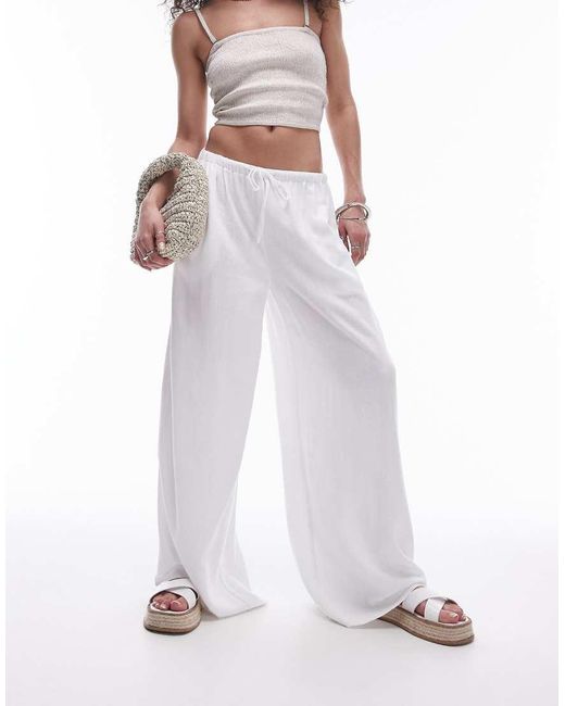 TOPSHOP Broek Van Linnenmix Met Wijde Pijpen En Gestrikte Taille in het White