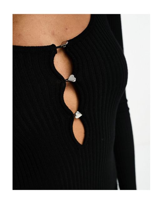 Miss Selfridge Blue Knit Ribbed Cut Out Heart Button Bodysuit