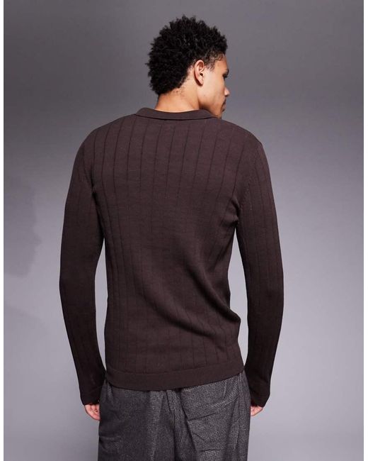 ASOS Blue Muscle Fit Long Sleeve Knitted Rib Notch Neck Polo for men